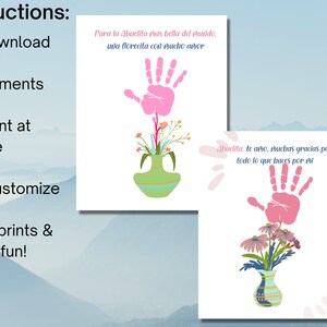 K&ouml;nnte beinhalten: Zwei druckbare Karten mit Handabdruckumrissen und Blumendesigns. Der Text auf den Karten lautet "Para la Abuelita has bella del mundo, una florecita con mucho amor" und "Abuelita, te arso, muchas gracias por todo lo que haces por thi".
