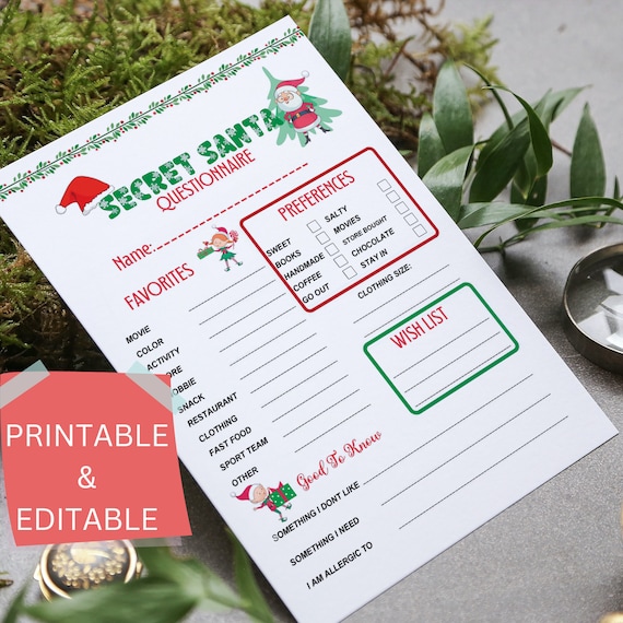 Secret Santa questionnaire printable, Secret santa form, Christmas gift exchange interview, editable Christmas gift form, instant download