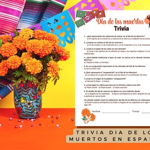 Trivia del dia de los muertos en español, juego dia de los muertos para adolescentes y adultos, imprimible