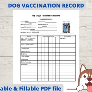 Puppy vaccination record, dog health record, dog shot record, pet health record Instant Download PDF fillable printable