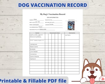 Puppy vaccination record, dog health record, dog shot record, pet health record Instant Download PDF fillable printable