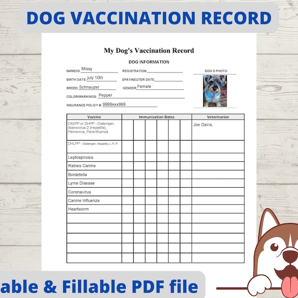 Puppy vaccination record, dog health record, dog shot record, pet health record Instant Download PDF fillable printable