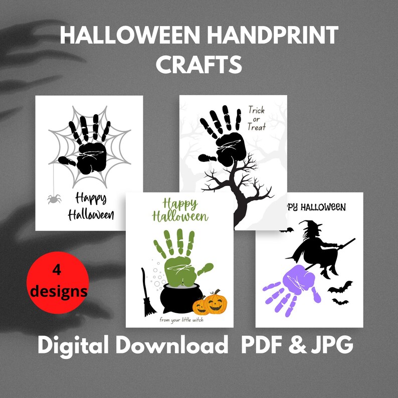 K&ouml;nnte beinhalten: Vier druckbare Halloween-Handabdruck-Bastelvorlagen. Die Designs beinhalten ein Spinnennetz, einen Baum, einen Kessel mit einem Hexenbesen und eine Hexe, die auf einem Besen fliegt. Die Texte "Happy Halloween" und "S&uuml;&szlig;es oder Saures" sind in den Designs enthalten.