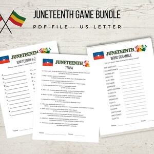 Juneteenth game bundle, includes Juneteenth trivia, word scramble and A-Z Juneteenth words, Emancipation day classroom activity