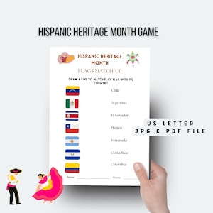 Könnte beinhalten: Druckbares Spiel zum Hispanic Heritage Month mit Flaggen von Chile, Argentinien, El Salvador, Mexiko, Venezuela, Costa Rica und Kolumbien. Das Spiel fordert die Spieler auf, eine Linie zu ziehen, um jede Flagge mit ihrem Land zu verbinden. Das Spiel ist im US-Letter-Format als JPG- und PDF-Datei verfügbar.