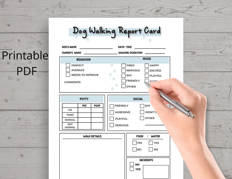 Dog Walking Report Card, Pet Sitter Report Printable Card - Etsy