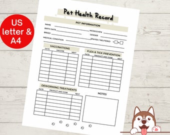 Pet health record printable for new puppy, dog or cat,  pet health record printable and editable