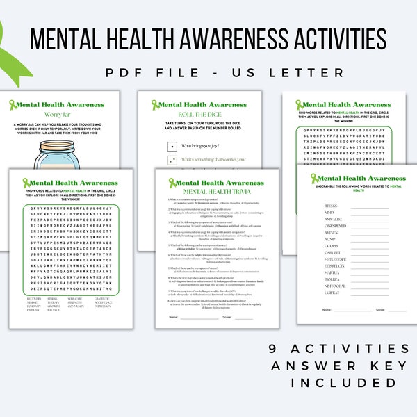 Mental Health Awareness, Mental Health Bundle Activity, Office Mental Health Awareness Month printable activities