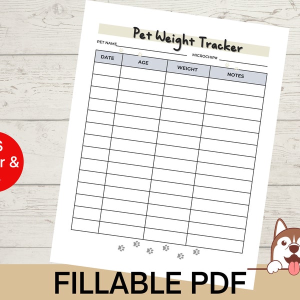 Puppy weight chart, pet weight chart for dog or cat editable, printable pet health record