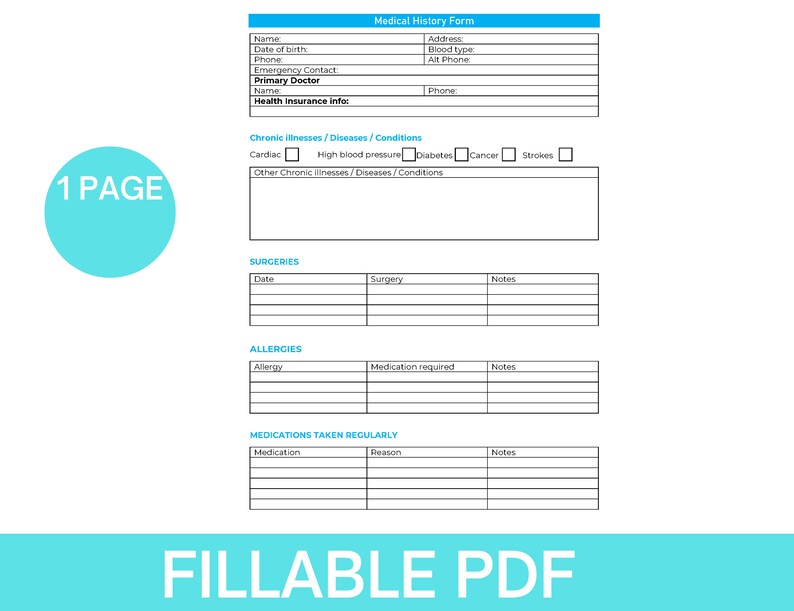 Medical History Form Fillable Medical Summary, Chronic Disease, Allergy