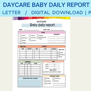 Rapporto giornaliero del bambino all'asilo nido, registro giornaliero del bambino compilabile, foglio del rapporto del bambino