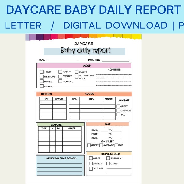 Daycare baby daily report, Fillable infant daily log, baby report sheet