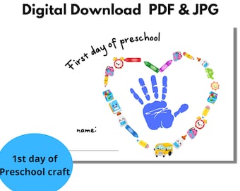 May include: A printable first day of preschool craft. The craft features a blue handprint inside a heart shape made of school supplies. The text "First day of preschool" is written at the top of the page. The text "1st day of Preschool craft" is written in a blue circle at the bottom of the page.