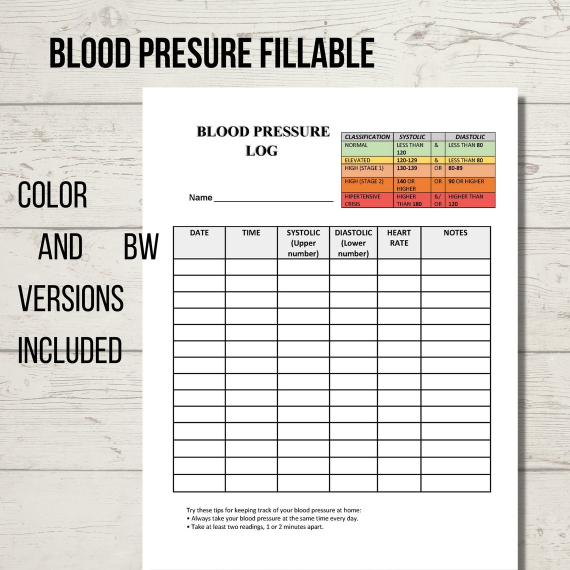 Blood Pressure Log Printable, Blood Pressure Chart Editable - Etsy