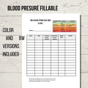 Blood Pressure Log Printable, Blood Pressure Chart editable