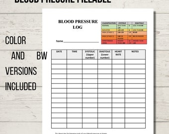 May include: A printable blood pressure log with columns for date, time, systolic and diastolic blood pressure readings, heart rate, and notes. The log includes a classification chart for blood pressure readings.