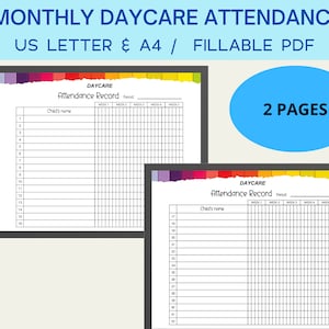 Daycare monthly attendance sheet, attendance tracker editable for preschool or childcare center PDF fillable printable