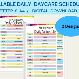 Daycare daily schedule printable, Daycare hourly schedule, editable daily schedule preschool, weekly daycare schedule PDF fillable printable