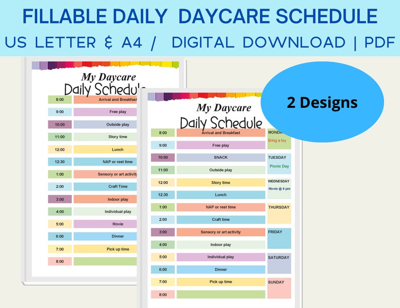 Daycare Daily Schedule Printable, Daycare Hourly Schedule, Editable