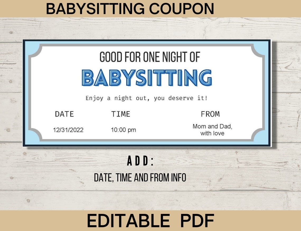 Babysitting Coupon Template, Editable Gift Voucher, Printable Babysitting Coupon Template, Editable Gift Voucher, Printable
