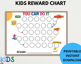 May include: A printable reward chart for kids with a colorful design and 30 circles to color in. The chart features the text "You Can Do It!" and motivational phrases like "Yes You Can!" and "Awesome!"