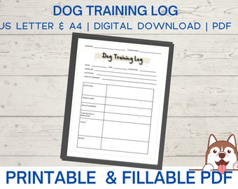 Dog training log printable, dog training journal, puppy training log fillable, editable dog service training  Instant Download PDF