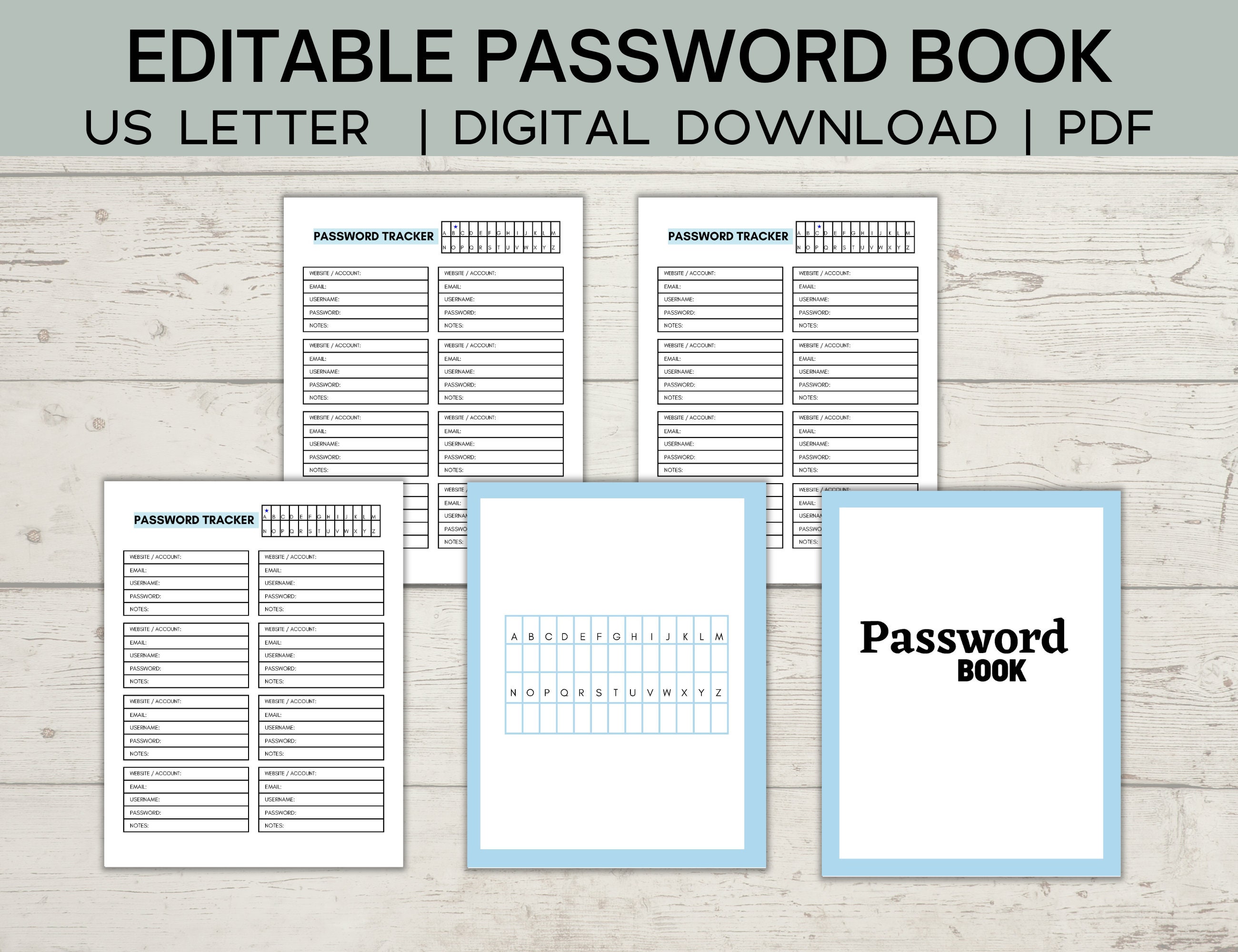 Password Book Printable and Editable, Password Tracker, Password Log,  Password Keeper, Password Journal Fillable Digital Download 