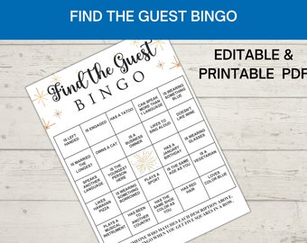 Encuentra el invitado bingo, boda, baby shower, cumpleaños, juego de fiesta editable imprimible