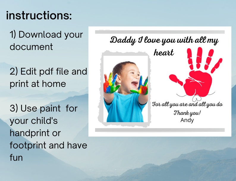 Puede incluir: Tarjeta imprimible con instrucciones para descargar, editar e imprimir en casa. La tarjeta presenta una foto de un ni&ntilde;o con pintura en las manos y una huella de mano roja con el texto "Pap&aacute;, te quiero con todo mi coraz&oacute;n. Por todo lo que eres y todo lo que haces. &iexcl;Gracias! Andy."