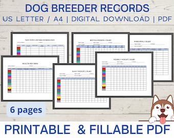 Dog breeder records, Dog breeder charts, whelping records, Dog breeder forms, puppy breeder logs  fillable printable PDF instant download