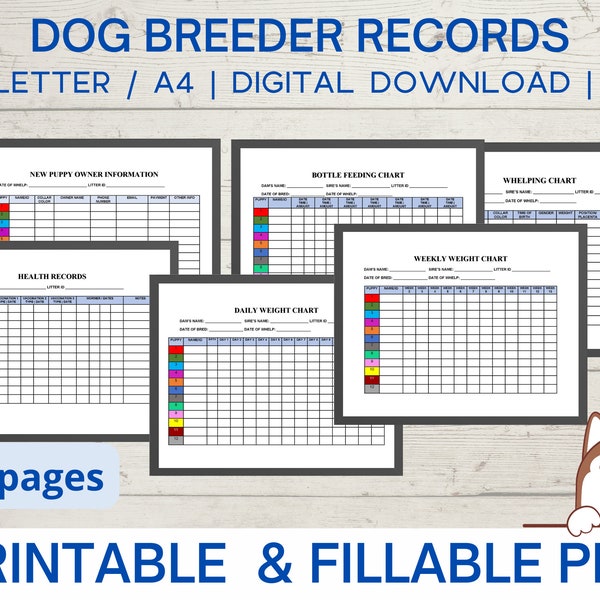 Dog breeder records, Dog breeder charts, whelping records, Dog breeder forms, puppy breeder logs  fillable printable PDF instant download