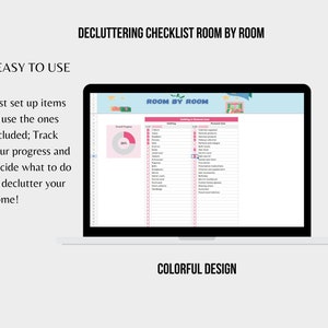 May include: A laptop screen displaying a decluttering checklist with the title "Room by Room". The checklist is organised by room and includes categories such as "Clothing & Personal Care". A progress bar shows 20% complete.