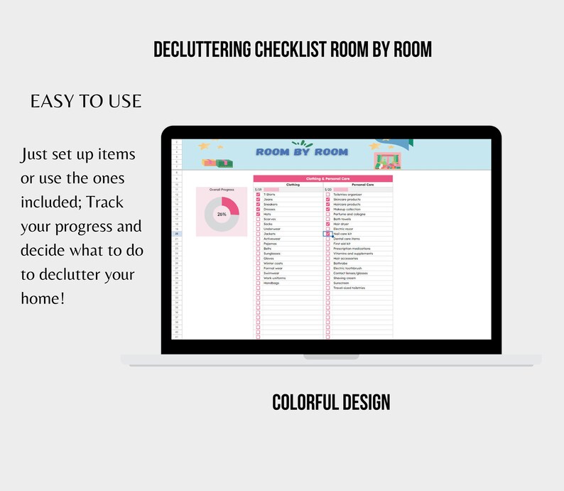 May include: A laptop screen displaying a decluttering checklist with the title "Room by Room". The checklist is organised by room and includes categories such as "Clothing & Personal Care". A progress bar shows 20% complete.