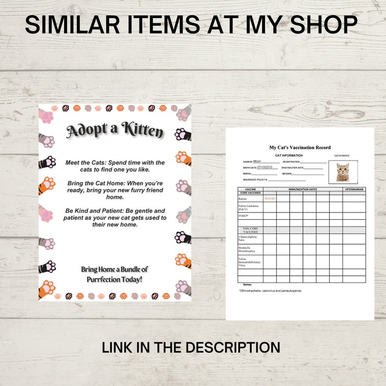 May include: A pink and white printable sign with paw prints and the text "Adopt a Kitten". The sign includes instructions for adopting a kitten, such as "Meet the Cats: Spend time with the cats to find one you like." and "Bring the Cat Home: When you're ready, bring your new furry friend home."
