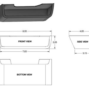 May include: A black rectangular storage tray with a technical drawing showing front, side, and bottom views. The front view indicates a width of 8.55 inches, a height of 2.05 inches, and an inner height of 1.61 inches. The side view shows a depth of 4.05 inches.