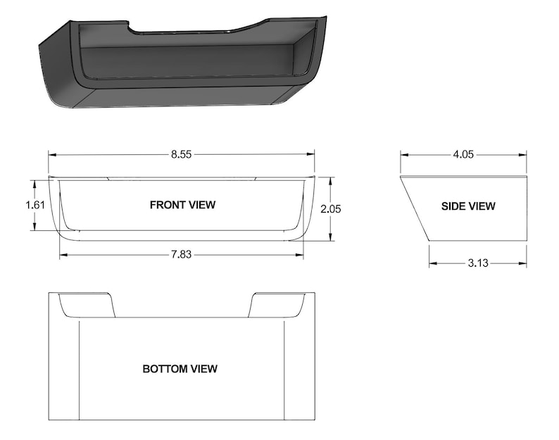 May include: A black rectangular storage tray with a technical drawing showing front, side, and bottom views. The front view indicates a width of 8.55 inches, a height of 2.05 inches, and an inner height of 1.61 inches. The side view shows a depth of 4.05 inches.