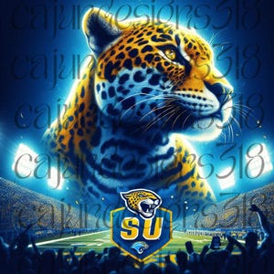 May include: A blue and gold jaguar mascot with the letters "SU" on its chest, in front of a crowd of people in a stadium. The jaguar is a large, fierce animal with a powerful presence.