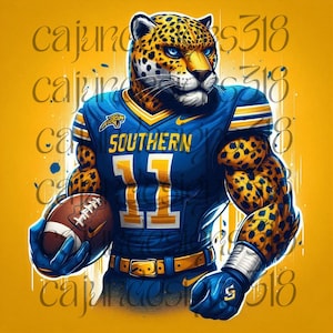 May include: A cartoon jaguar wearing a blue and gold football uniform with the word "SOUTHERN" on the front and the number "11" on the chest. The jaguar is holding a brown football in its left hand.