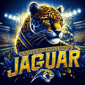 Puede incluir: Un diseño gráfico azul y dorado con un jaguar y el texto "Southern University Jaguar".
