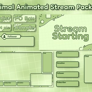 May include: A green and white animated stream package with a grid background. The package includes a starting screen with the text "Stream Starting", a chat box, a donation box, a follower box, a subscriber box, and a cheer box. The package also includes buttons for wishlist, PO box, about me, and donate.
