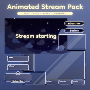 May include: Animated stream pack with a night sky background and stars. The pack includes a stream starting screen, a cheer, follower, and subscriber alert, and a donation alert.