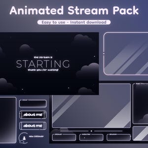 Könnte beinhalten: Animiertes Stream-Paket mit dunklem Hintergrund und weißen Umrissen. Das Paket enthält einen Startbildschirm, eine Chatbox, einen "Über mich"-Bereich, einen Follower-Zähler und einen Spendenbereich. Der Text auf dem Startbildschirm lautet "the stream is STARTING thank you for waiting!"