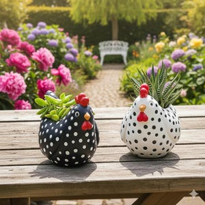 May include: Two ceramic chicken planters, one black with white polka dots and the other white with black polka dots, each with a red comb and wattle. The planters are filled with green succulents and sit on a wooden table in a garden setting.