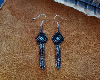 Turquoise Diamond Drops | Handwoven Seed Bead Earrings with Hypoallergenic Ear Wires