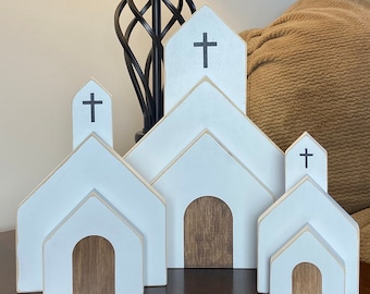 Distressed White Wood Church, Farmhouse Easter Decor, Handmade Religious Gift, 3 sizes available