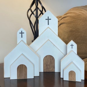 Wood Church decoration, Religious gift, Easter decor, white with distressed edges, painted cross & door, farmhouse style, 3 sizes available
