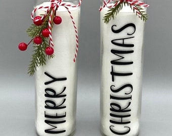 Merry Christmas Pillar Candles: Holiday Centerpiece Set, Hostess or Co-Worker Gift, Unscented.