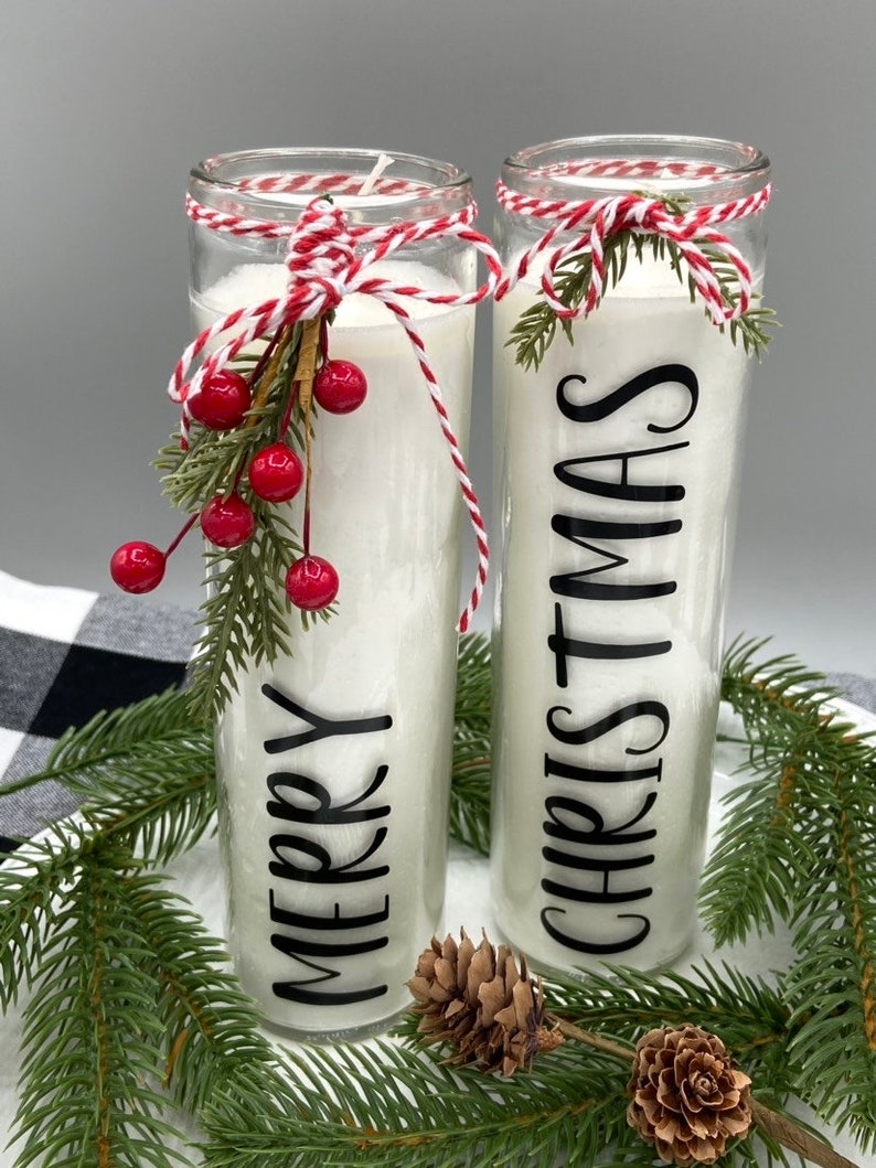 Glass Pillar Candles for Christmas, Set of 2, Merry Christmas Tabletop Decoration, Centerpiece