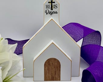 White Wood Church Decor: He is Risen Easter Tabletop Decoration (7.75" tall)