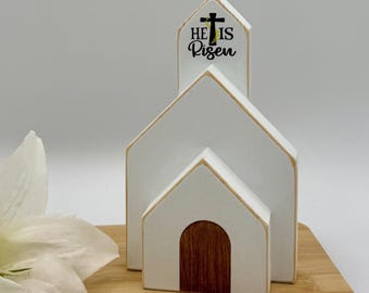 White Wood Church Easter Decor: Farmhouse Tiered Tray Religious Gift (5.75" tall)